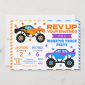 Monster Truck Joint Birthday Invitation Siblings Kaart (Voorkant)