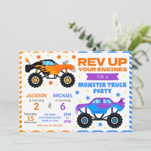 Monster Truck Joint Birthday Invitation Siblings Kaart (Staand voorkant)