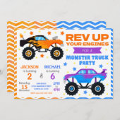 Monster Truck Joint Birthday Invitation Siblings Kaart (Voorkant / Achterkant)