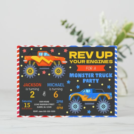 Monster Truck Joint Birthday Invitation Siblings Kaart (Staand voorkant)