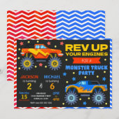 Monster Truck Joint Birthday Invitation Siblings Kaart (Voorkant / Achterkant)