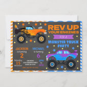 Monster Truck Joint Birthday Invitation Siblings Kaart (Voorkant)