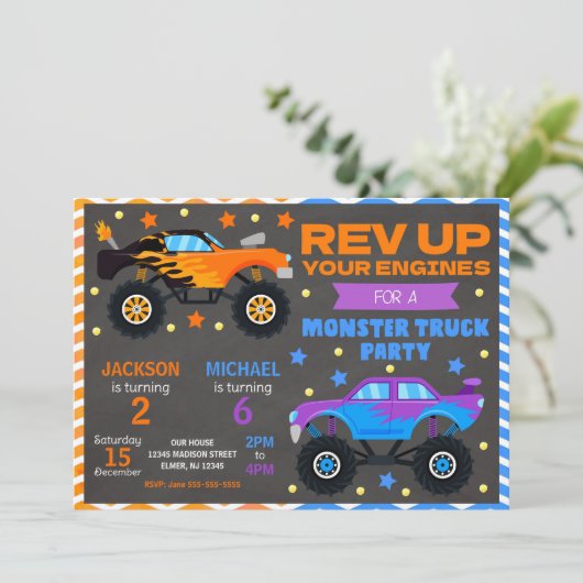 Monster Truck Joint Birthday Invitation Siblings Kaart (Staand voorkant)