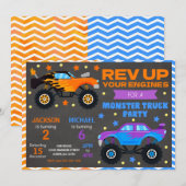 Monster Truck Joint Birthday Invitation Siblings Kaart (Voorkant / Achterkant)