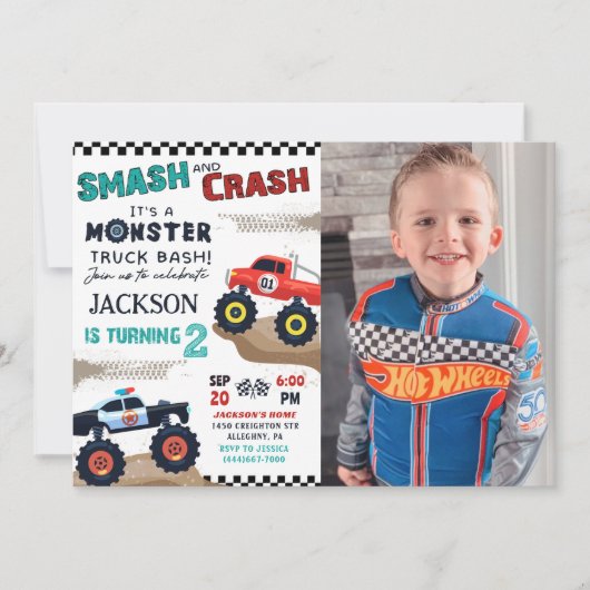 Monster Truck Jongen 2e Verjaardag Party Foto Kaart (Voorkant)