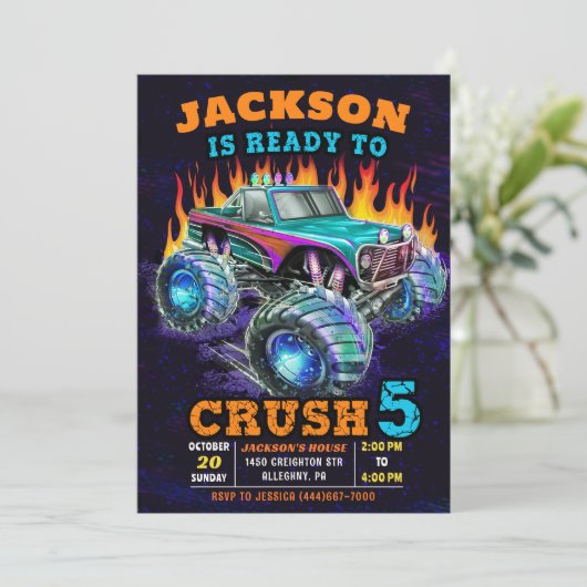 Monster Truck Jongen 5e Verjaardagsfeestje Kaart (Staand voorkant)