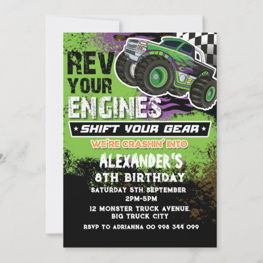Monster Truck Jongen Groen Uitnodiging (Voorkant)