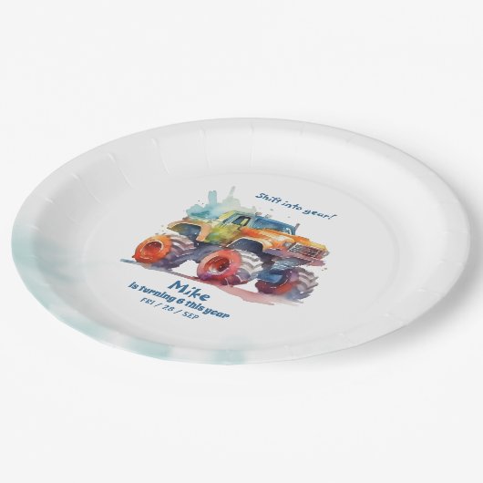 Monster Truck jongen Verjaardag Papieren Bordje (Gekanteld)