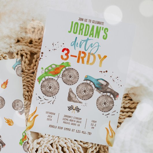 Monster Truck Jongen Vies 3-Rdy 3e Verjaardagsfees Kaart