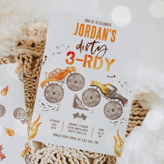 Monster Truck Jongen Vies 3-Rdy 3e Verjaardagsfees Kaart