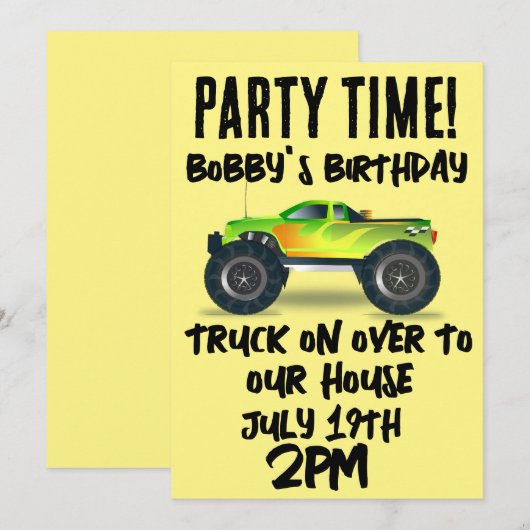 MONSTER TRUCK JONGENS KINDEREN VERJAARDAG FEEST UI KAART (Voorkant / Achterkant)