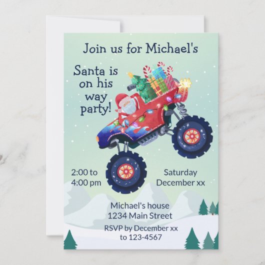 Monster Truck Kerstfeest Uitnodiging (Voorkant)