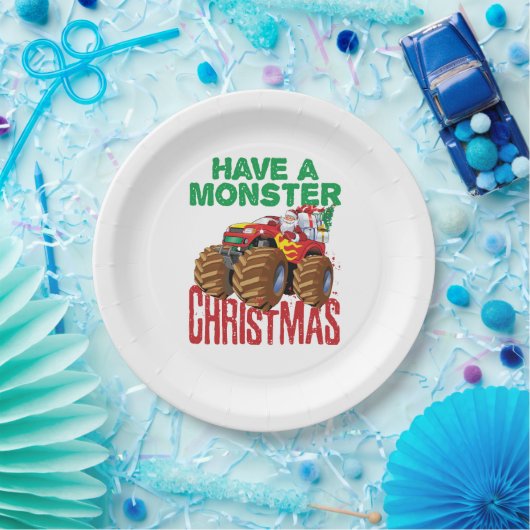 Monster Truck Kerstman Sinterklaas Jongens Peuters Papieren Bordje (Feest)