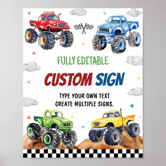 Monster Truck Kids Verjaardag Feest Tafel Teken Poster (Voorkant)