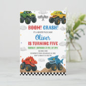 Monster Truck Kids Verjaardag Uitnodiging Boom Cra (Staand voorkant)
