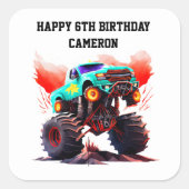 Monster Truck Kids Verjaardagsfeestuitnodiging Vierkante Sticker (Voorkant)