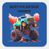 Monster Truck Kids Verjaardagsfeestuitnodiging Vierkante Sticker (Voorkant)