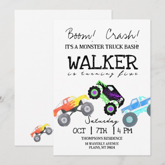 Monster Truck Kind Verjaardagsuitnodiging Kaart (Voorkant / Achterkant)