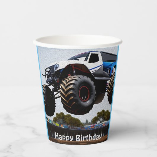 Monster Truck Launch, Birthday Paper Cups Papieren Bekers (Voorkant)