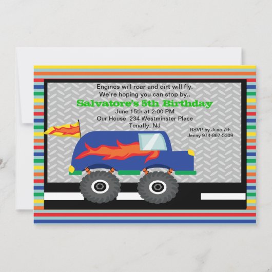 Monster Truck met Flames Birthday Invitation Kaart (Voorkant)