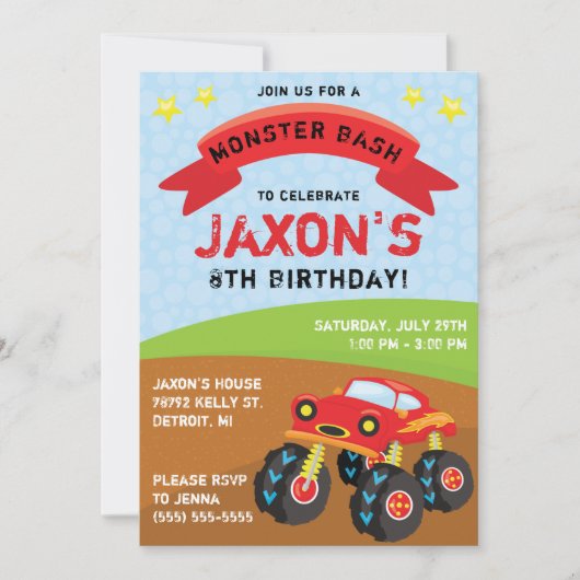 Monster Truck, Monster Bash Birthday Party Kaart (Voorkant)