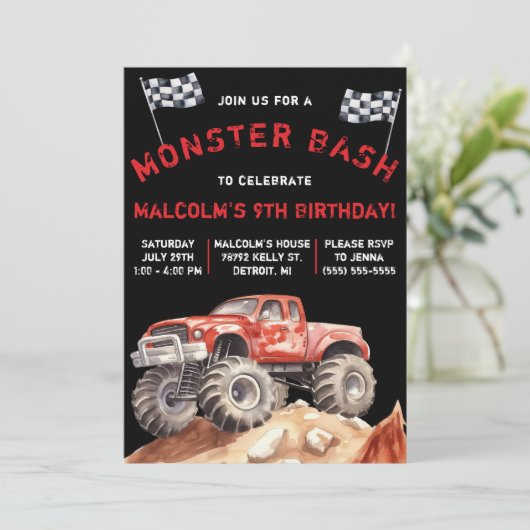 Monster Truck, Monster Bash Birthday Party Kaart (Staand voorkant)