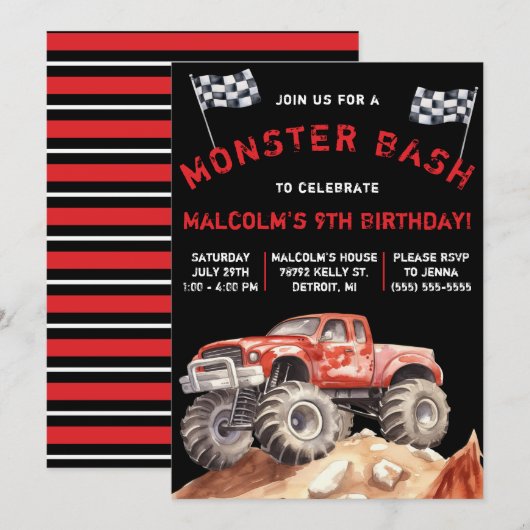Monster Truck, Monster Bash Birthday Party Kaart (Voorkant / Achterkant)