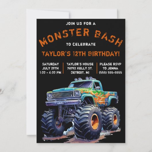 Monster Truck, Monster Bash Birthday Party Kaart (Voorkant)
