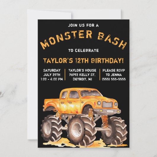 Monster Truck, Monster Bash Birthday Party Kaart (Voorkant)