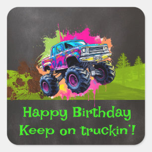 Monster Truck Neon Jongen Verjaardagsfeestje Vierkante Sticker