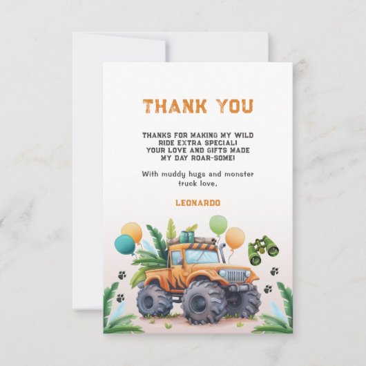Monster Truck Oerwoud Safari Boy Verjaardag Bedankkaart (Voorkant)