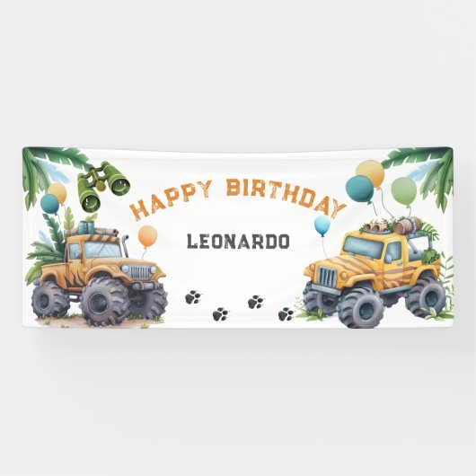 Monster Truck Oerwoud Safari Boy Verjaardag Spandoek (Horizontaal)