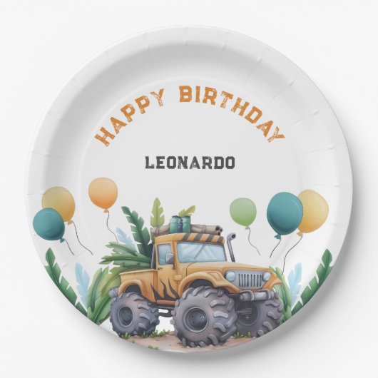 Monster Truck Oerwoud Safari Happy Birthday Papieren Bordje (Voorkant)