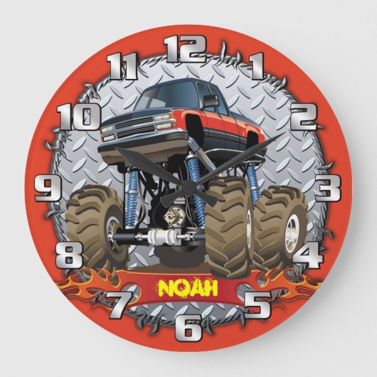 Monster Truck Personalizable Boys Room Clock Grote Klok (Voorkant)