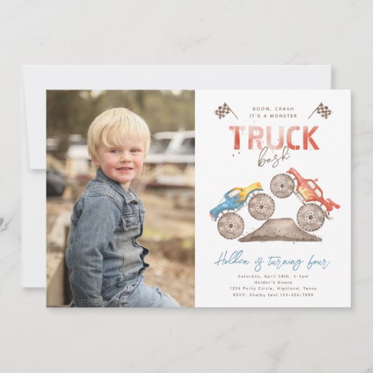 Monster Truck Photo Birthday Invitation Kaart (Voorkant)