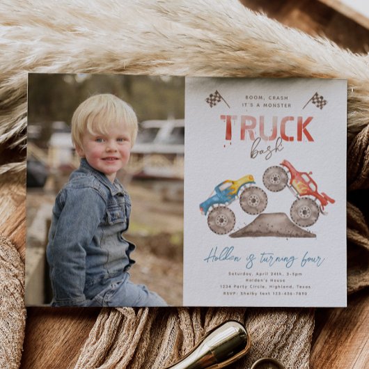 Monster Truck Photo Birthday Invitation Kaart