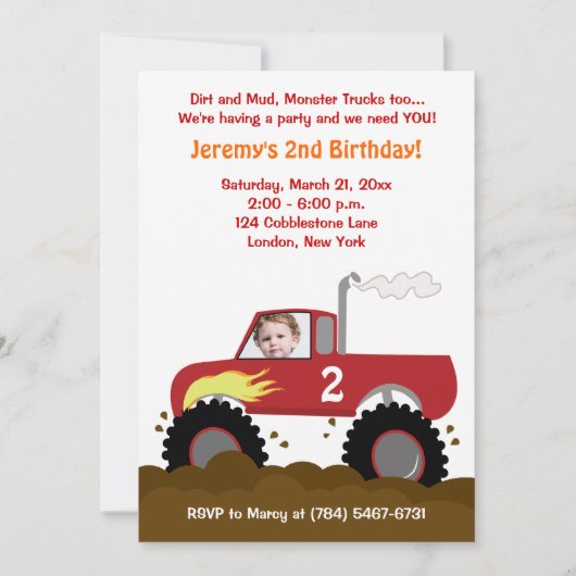 Monster Truck Photo Birthday Invitation (rood) Kaart (Voorkant)