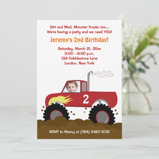 Monster Truck Photo Birthday Invitation (rood) Kaart (Staand voorkant)