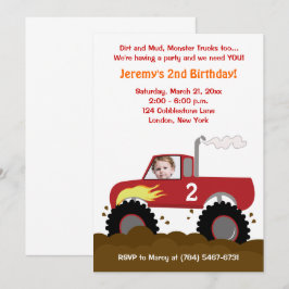 Monster Truck Photo Birthday Invitation (rood) Kaart