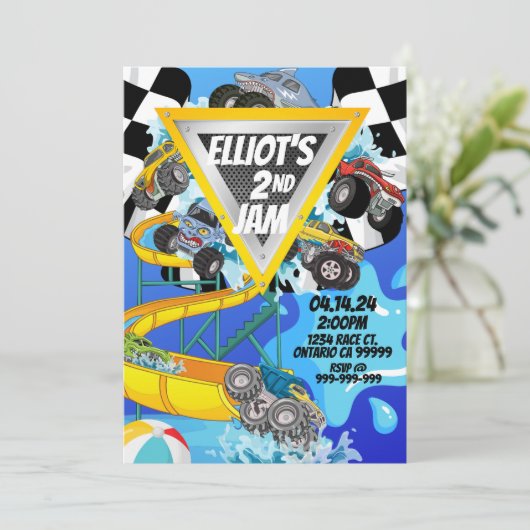 Monster Truck Pool Party Bash Uitnodiging (Staand voorkant)