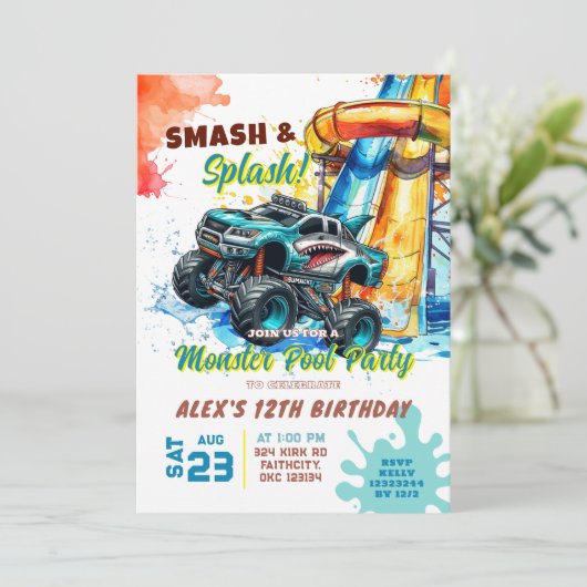 Monster Truck Pool Party Verjaardag Uitnodiging (Staand voorkant)