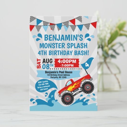 Monster Truck Pool Summer Birthday Kaart (Staand voorkant)