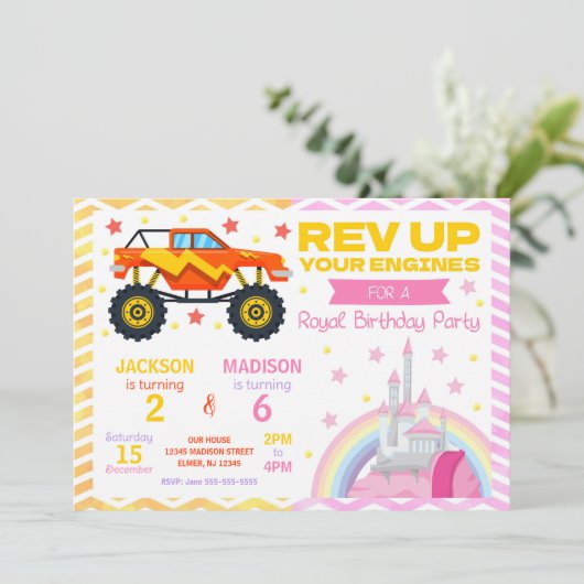 Monster Truck & Princess Joint Birthday Invitation Kaart (Staand voorkant)