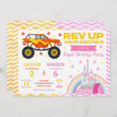 Monster Truck & Princess Joint Birthday Invitation Kaart (Voorkant / Achterkant)