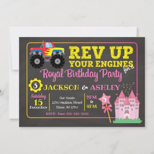 Monster Truck & Princess Joint Birthday Invitation Kaart (Voorkant)