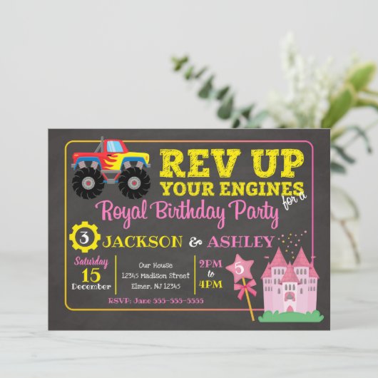 Monster Truck & Princess Joint Birthday Invitation Kaart (Staand voorkant)
