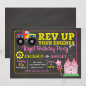 Monster Truck & Princess Joint Birthday Invitation Kaart (Voorkant / Achterkant)