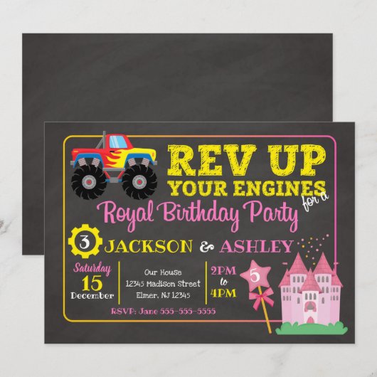 Monster Truck & Princess Joint Birthday Invitation Kaart (Voorkant / Achterkant)