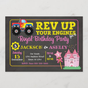 Monster Truck & Princess Joint Birthday Invitation Kaart