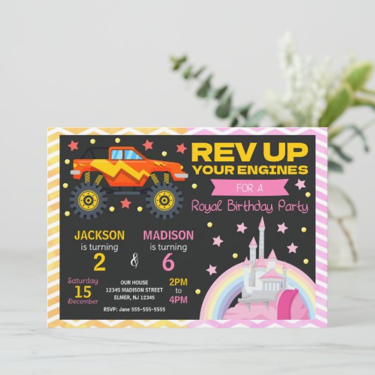Monster Truck & Princess Joint Birthday Invitation Kaart (Staand voorkant)
